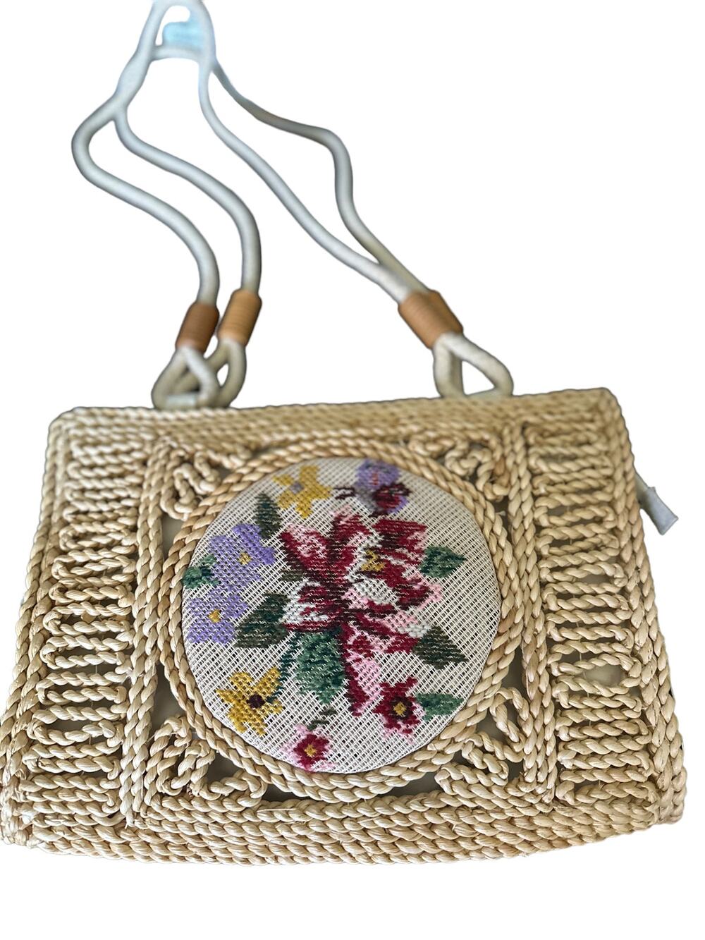 Vintage Raffia Boho straw handbag with Needlepoint Embroidery Embellishment